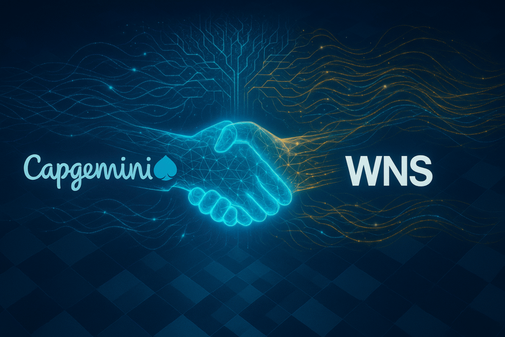 A strategic illustration of the Capgemini WNS acquisition, showing the two company logos connecting via a digital handshake over a glowing chessboard. Luminous blue AI neural network patterns envelop the scene, symbolizing the deal's focus on intelligent operations and advanced technology in the IT-BPM sector.