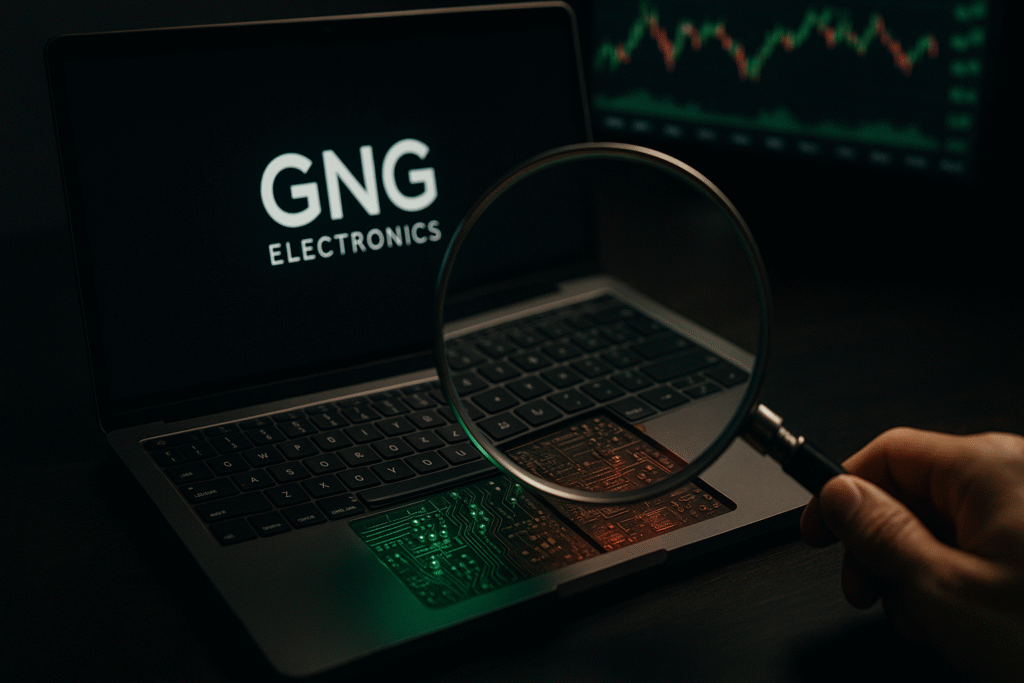An analytical image representing the GNG Electronics IPO review. A refurbished laptop, symbolizing the tech stock, is examined under a magnifying glass. The glass reveals a split view: one side with clean, glowing green circuits (growth potential) and the other with dusty, red-glowing circuits (investment risks and high valuation). The background features a stock market chart, reinforcing the theme of in-depth financial analysis for the GNG Electronics IPO. This visual captures the core question of whether to invest in this refurbished electronics company.