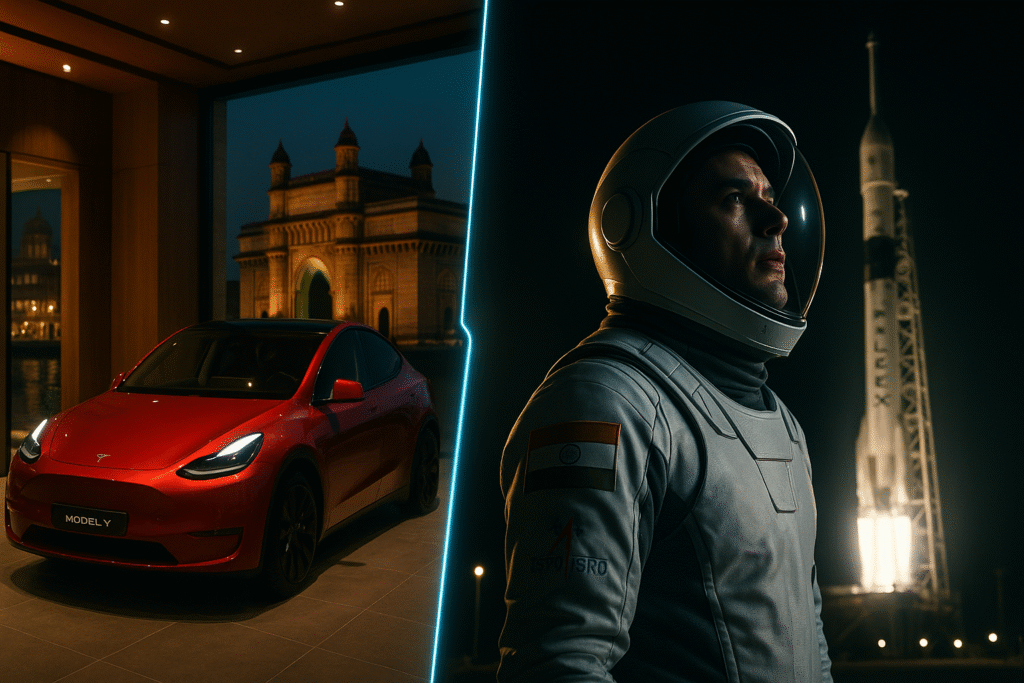 A split-screen image contrasting a red Tesla in a Mumbai showroom with an ISRO astronaut and rocket, symbolizing India's Tech Leap.