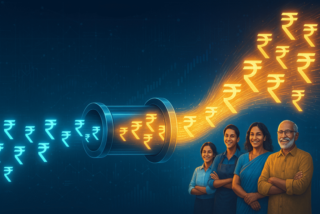 A digital illustration of the India tax refunds paradox: glowing rupees flow into a modern digital pipeline, while a larger, faster stream of money flows out to happy citizens, symbolizing the efficiency of India's modern tax system and its positive economic impact.