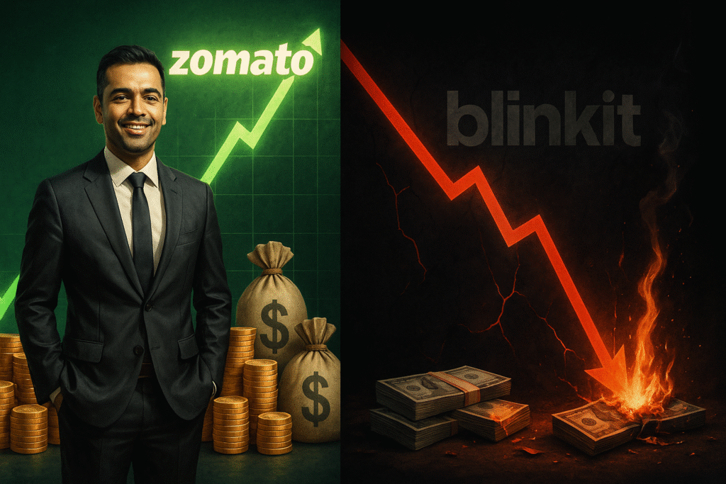A conceptual image illustrating the Zomato Blinkit strategy: on one side, CEO Deepinder Goyal with a rising stock chart and money, representing Zomato's market success. On the other side, a falling profit chart and burning cash, symbolizing the high costs and risks of Blinkit's quick commerce expansion.