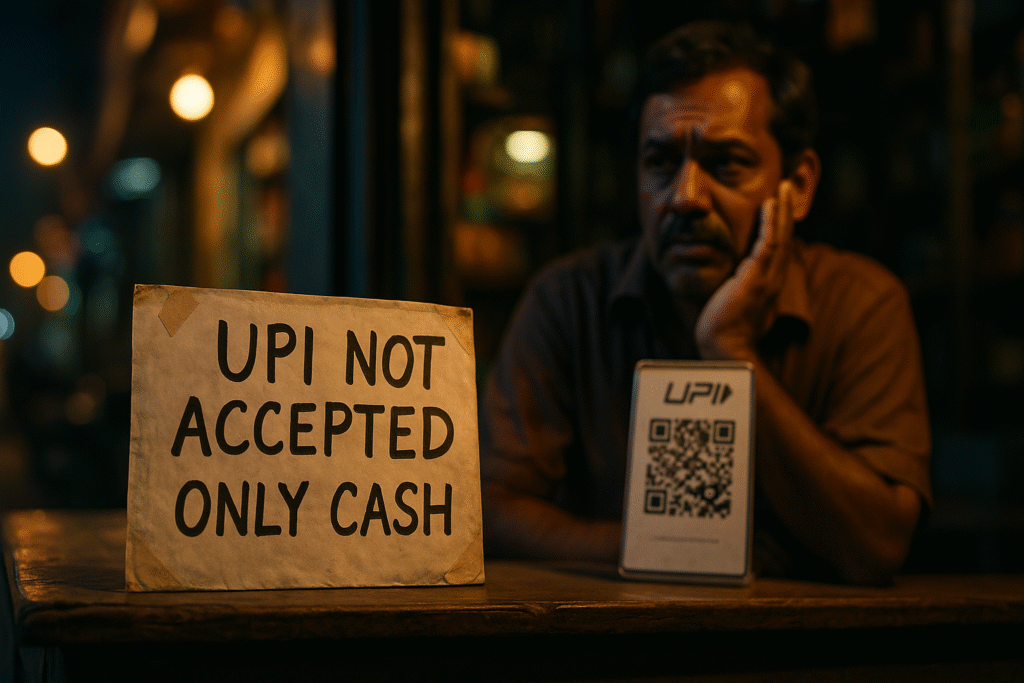 A hand-written "UPI Not Accepted, Only Cash" sign in a Bengaluru street-side shop with a concerned shopkeeper in the background, highlighting the conflict between digital payments and cash.