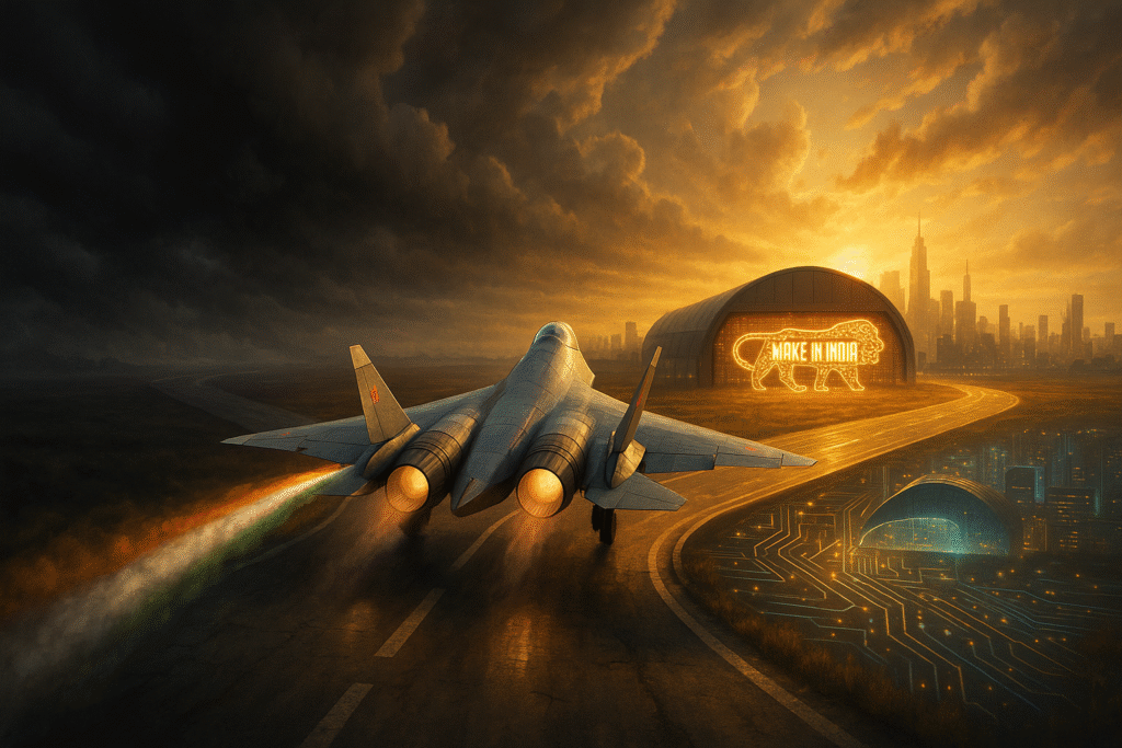 A hyper-realistic, cinematic digital painting of a Russian Su-57 stealth fighter jet at a symbolic crossroads in a dramatic, cloudy sky, representing the India Su-57 deal. One path leads to a futuristic India with the 'Make in India' logo, while the other is dark and uncertain.