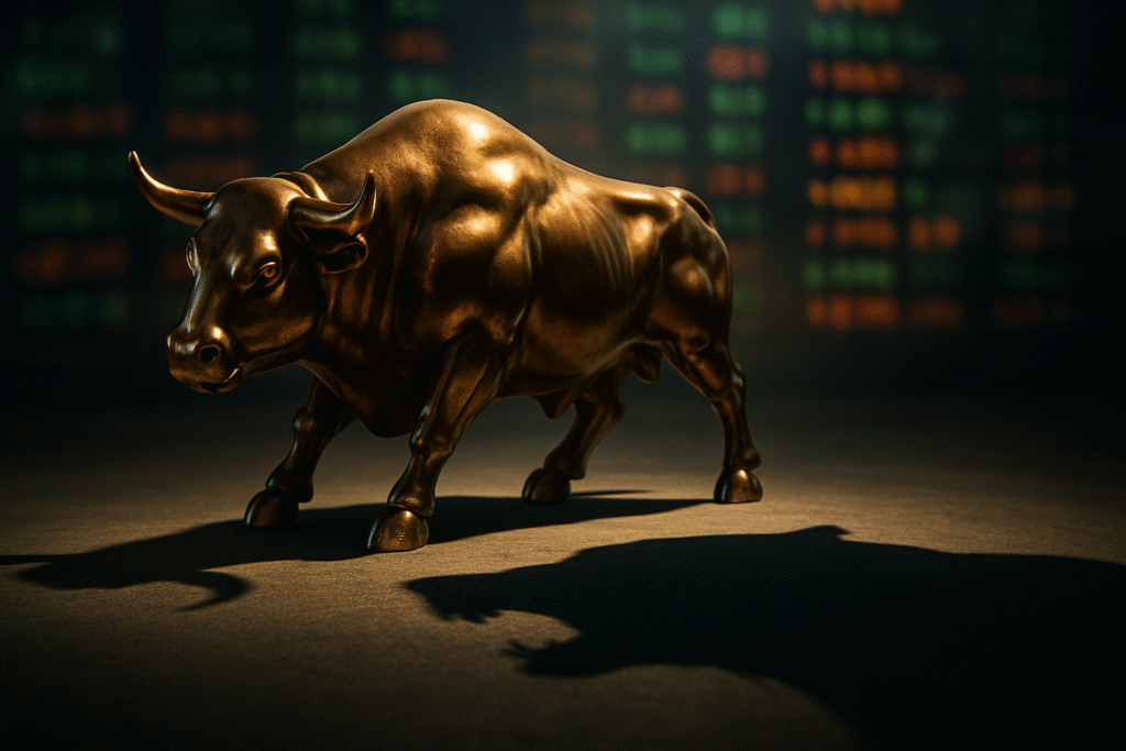 A bronze bull representing the strong NSDL IPO debut, casting a bear-shaped shadow that highlights the critical concerns every investor must consider.
