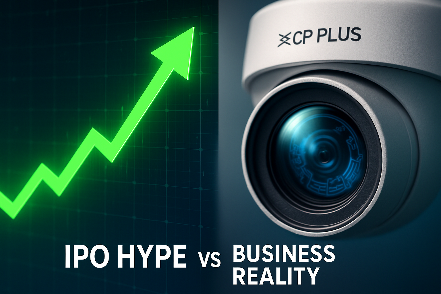 "An illustrative image for an Aditya Infotech IPO analysis, showing a split view. On one side, a soaring green stock chart signifies its successful listing performance. On the other side, a close-up of a CP Plus security camera represents the company's actual business, highlighting the difference between market hype and fundamental performance."