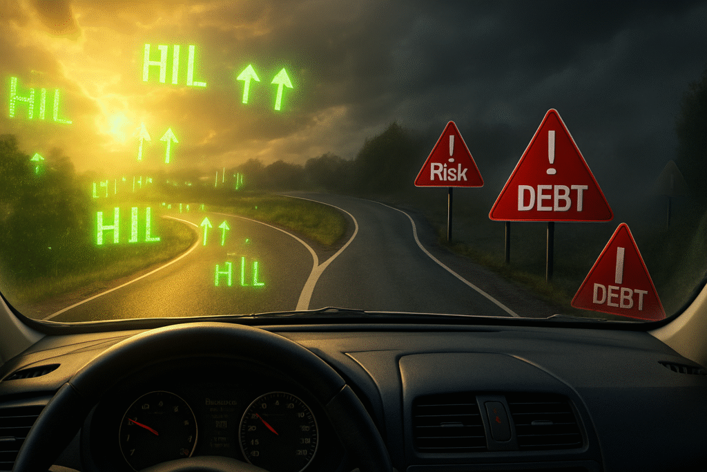 A highway from a driver's perspective, splitting into two paths: a bright, sunny road with green stock market symbols representing opportunity, and a dark, foggy road with red warning signs representing risk, symbolizing a critical investment decision.