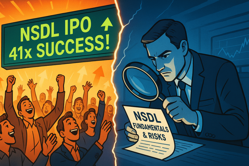 A split-image illustrating the NSDL IPO Allotment reality: on one side, a cheering crowd celebrates the 41x oversubscription hype, while on the other, an investor carefully analyzes NSDL's fundamentals, questioning the real risks and rewards.