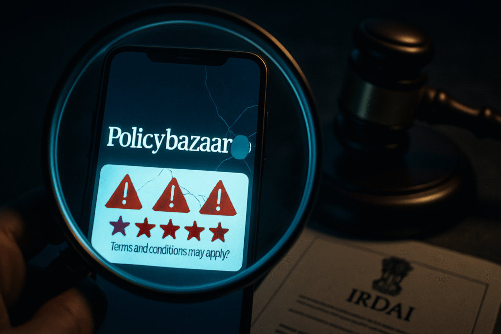 An image explaining the Policybazaar fine: a magnifying glass reveals hidden warnings and cracked rankings on a smartphone with the Policybazaar logo, with an IRDAI gavel in the background.