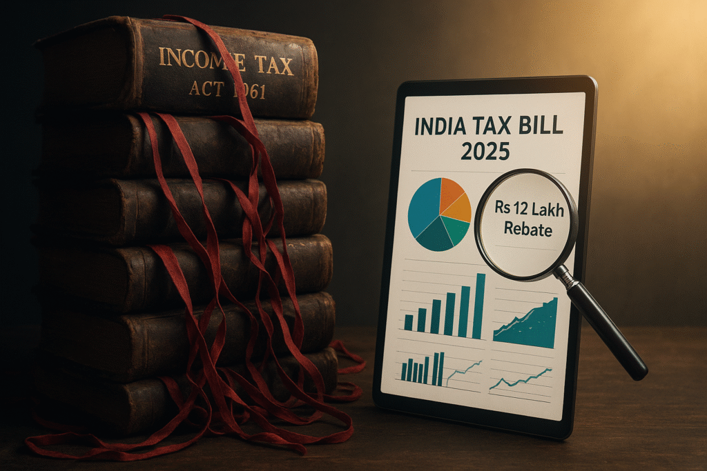 "An image contrasting the old and new tax laws. On the left, a complex stack of old books represents the 1961 Act. On the right, a modern tablet shows the simplicity of the new India Tax Bill 2025, highlighting key changes. This visual explains the India Tax Bill's goal of simplification."